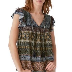 Lucky Brand Leah Flutter Ruffle Sleeve Top Gold Multi Color Women Abstract Large